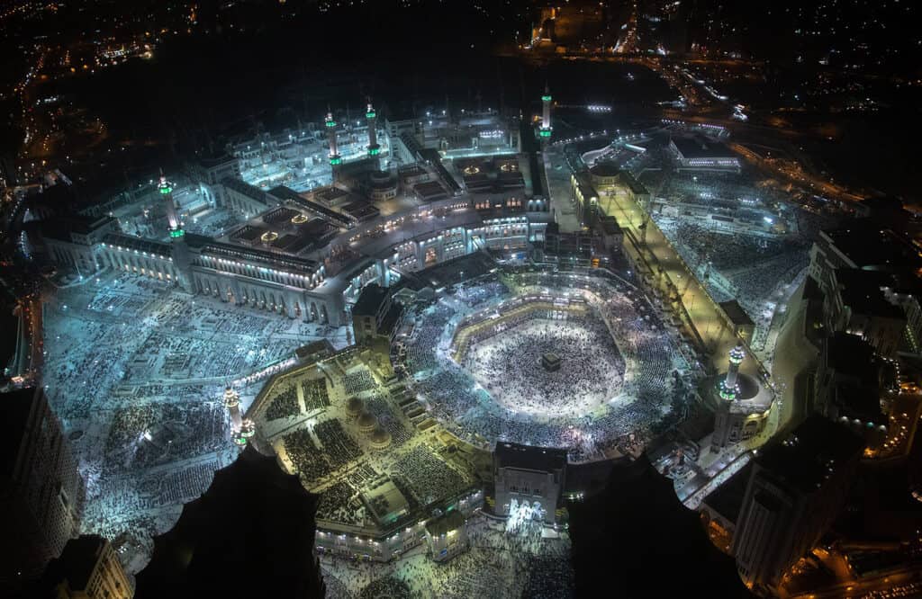 Masjid al-Haram with the Kaaba at its center in Mecca.