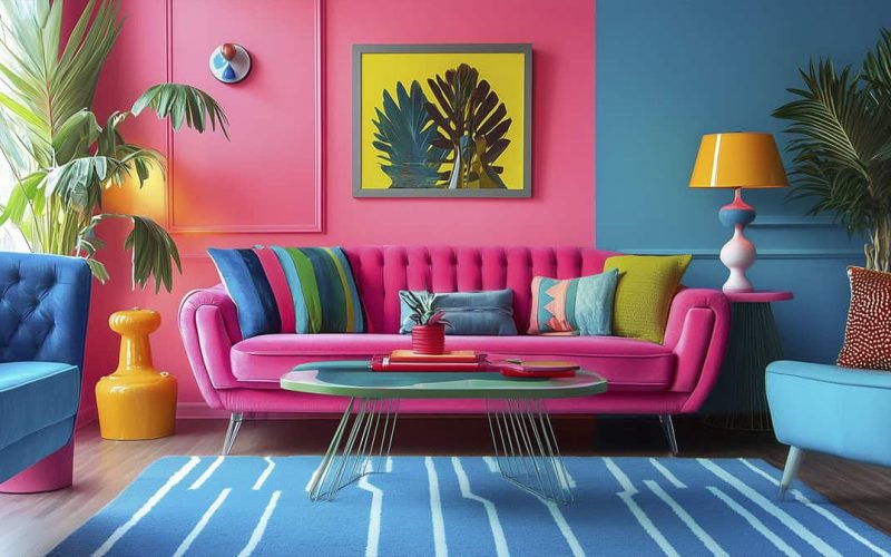 1980s-inspired interior design with vibrant colors, geometric shapes, and retro furniture. Photo generated by AI.