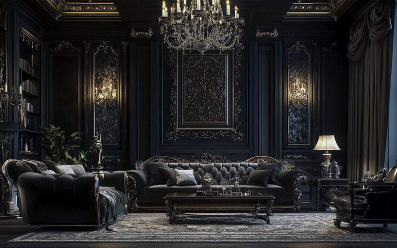 Chic modern Gothic interior with an emphasis on dark hues.
