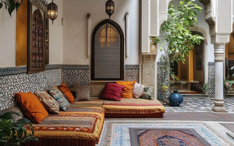 Elegant Moroccan interior with traditional decor and rich textiles. Photo generated by AI.