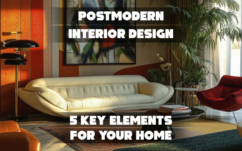 Postmodern interior design blending bold colors and eclectic furniture for a unique, artistic space.