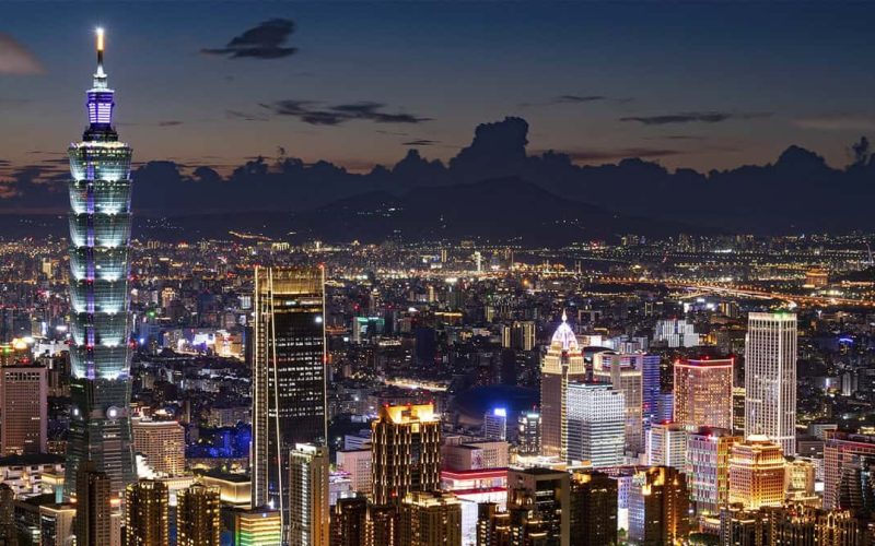 Taiwan cityscape featuring iconic landmarks like Taipei 101.