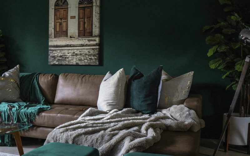 Room with green interior design elements.