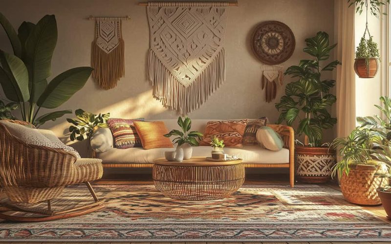 tylish modern bohemian living room with vibrant accents. Photo generated by AI.
